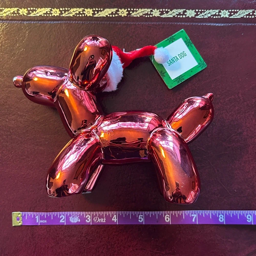 Red Balloon Dog with Santa Hat Santa Dog Red Chrome Bookshelf Desk Decor 5 x 8